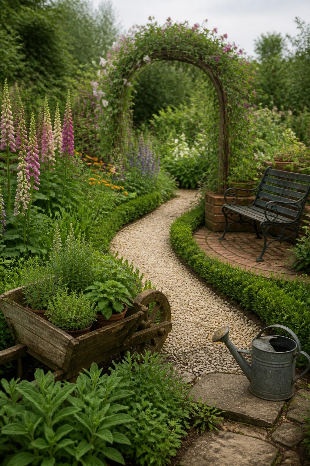 A curving gravel path runs through a flower-filled cottage garden with a wooden wheelbarrow, metal watering can, and bench under a rose-covered arch.