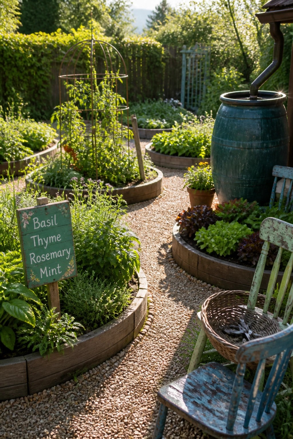 A garden with curved raised wooden beds, gravel paths, herb plants, a green sign listing basil thyme rosemary and mint, a large blue barrel, and weathered wooden chairs.