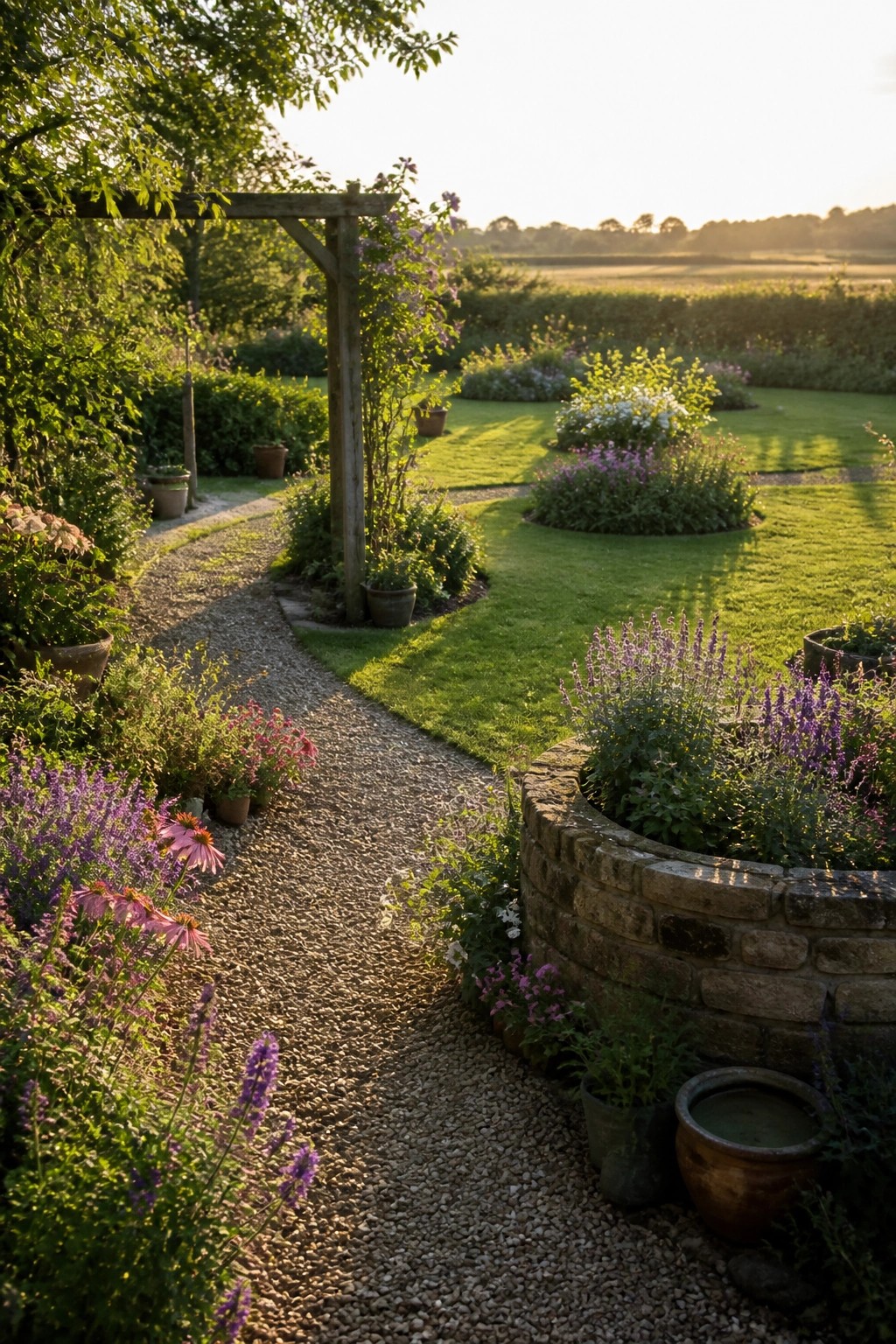 A curving gravel path runs through a garden filled with pink and purple flowers, passing a low stone planter on the right.