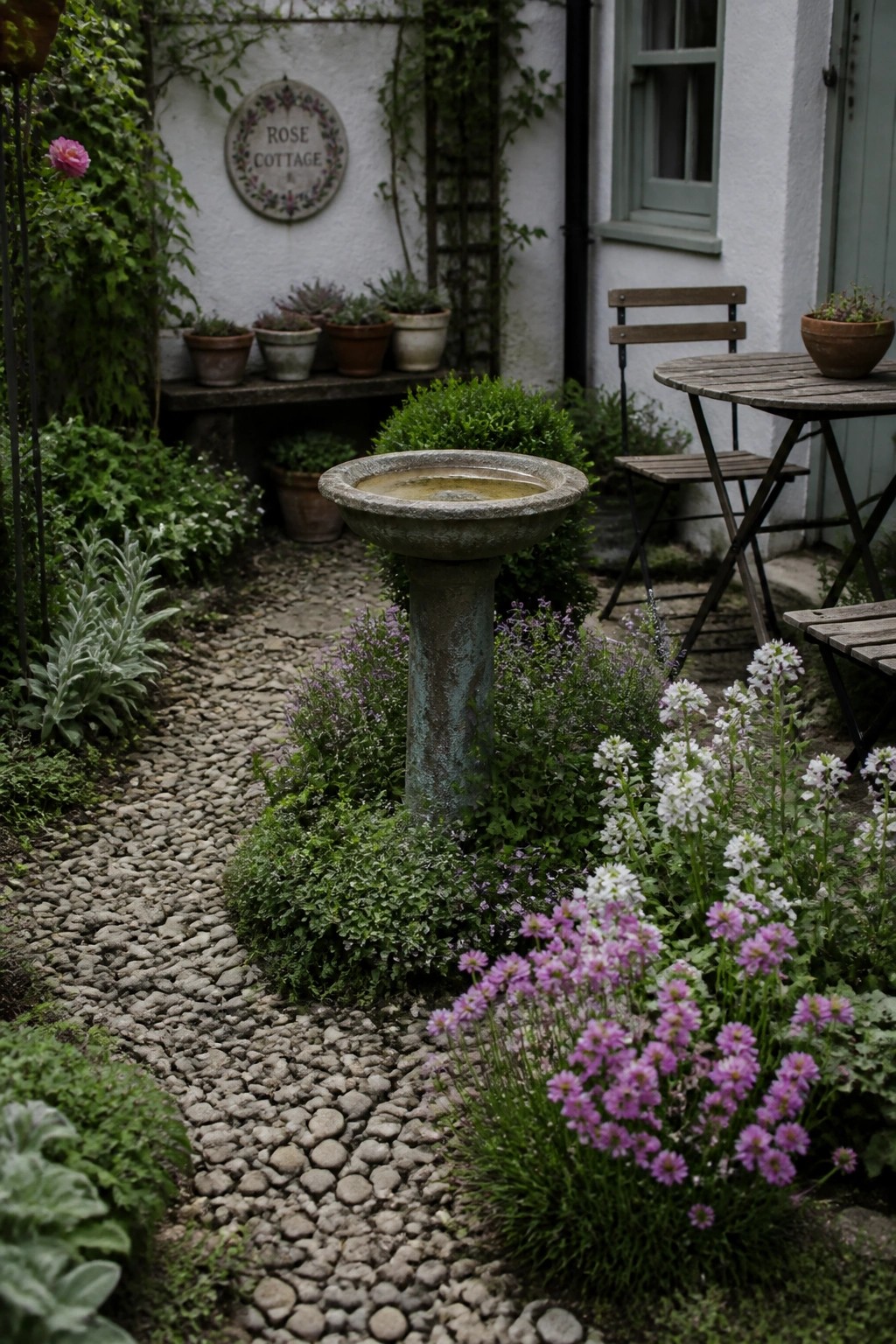 A gravel path winds through a cottage garden past a stone birdbath surrounded by dense flowers, shrubs, and potted plants.