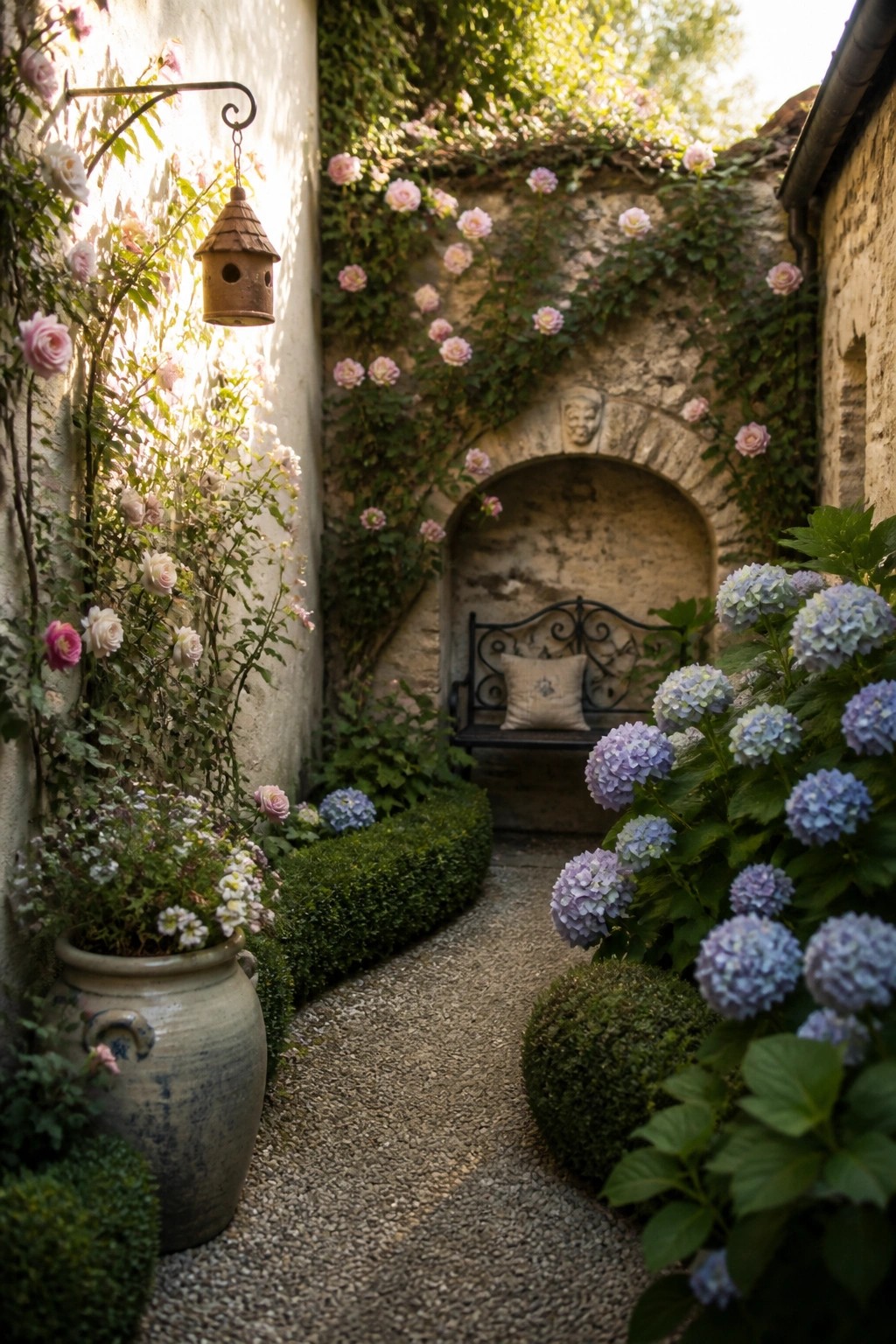 Narrow gravel path with pink roses, blue hydrangeas, birdhouse, and bench under stone arch