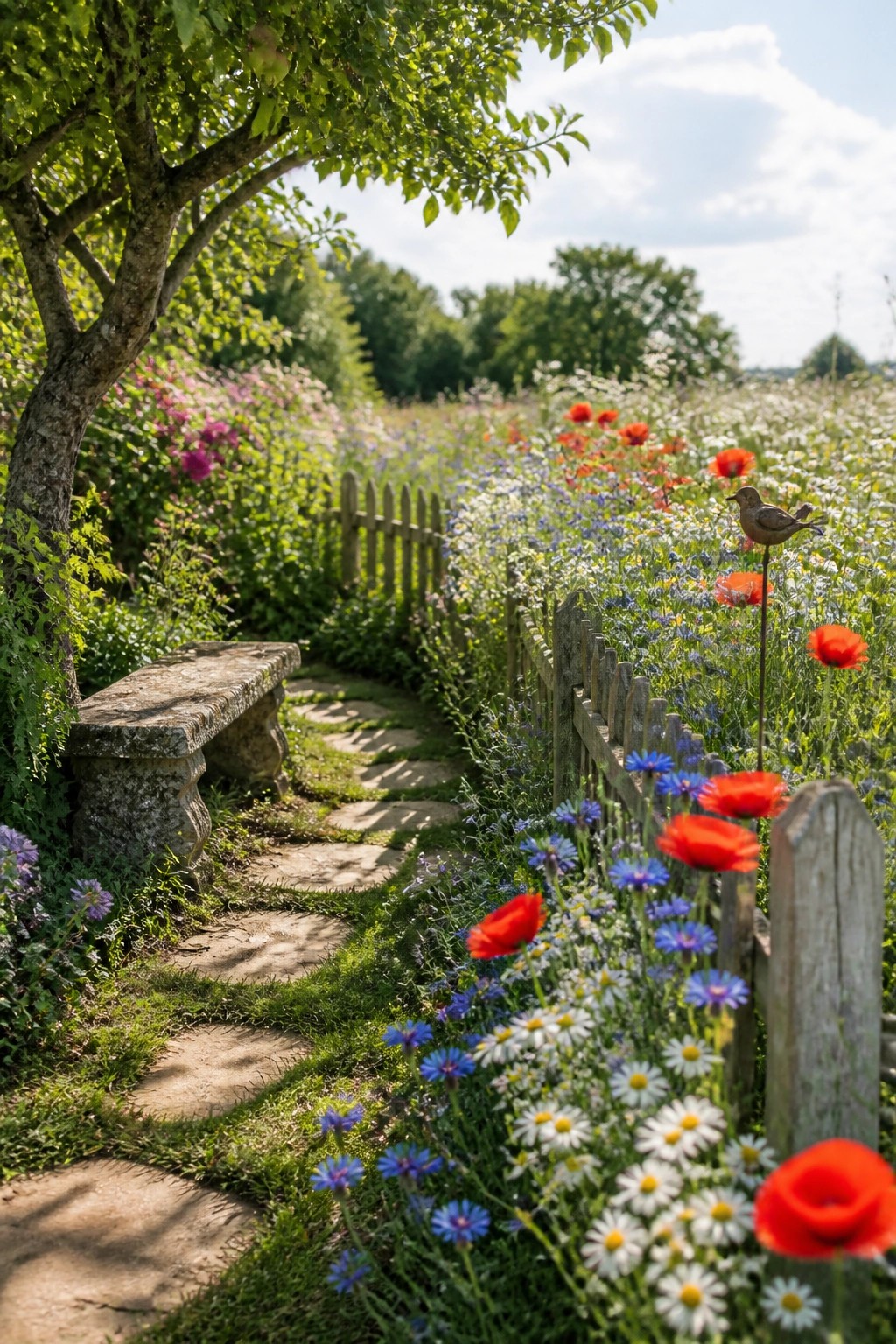 A curving stone path runs through dense wildflowers beside a weathered wooden fence, with a stone bench visible under a tree on the left.