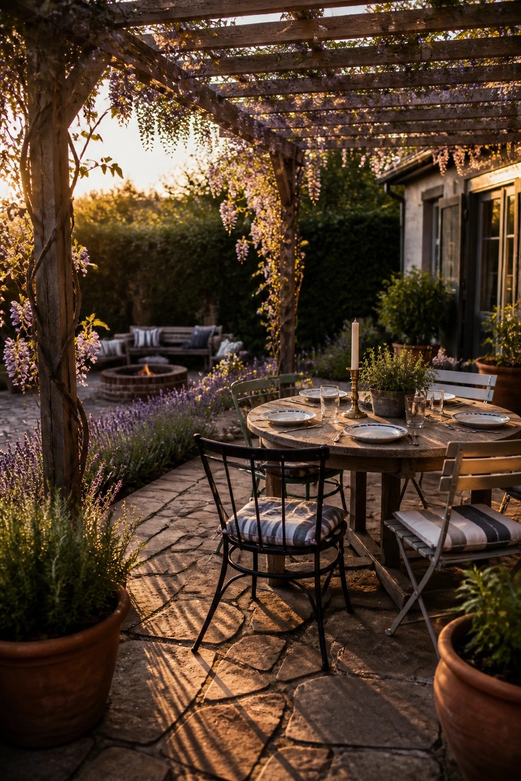 A round wooden dining table with place settings sits under a wooden pergola covered in purple wisteria on a stone patio.