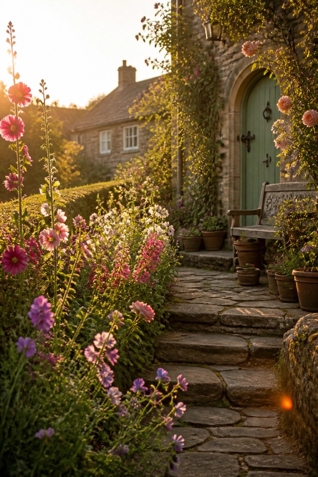 A stone cottage entrance with green door, stone steps, wooden bench, and tall pink, purple, and white flowers lining the path.