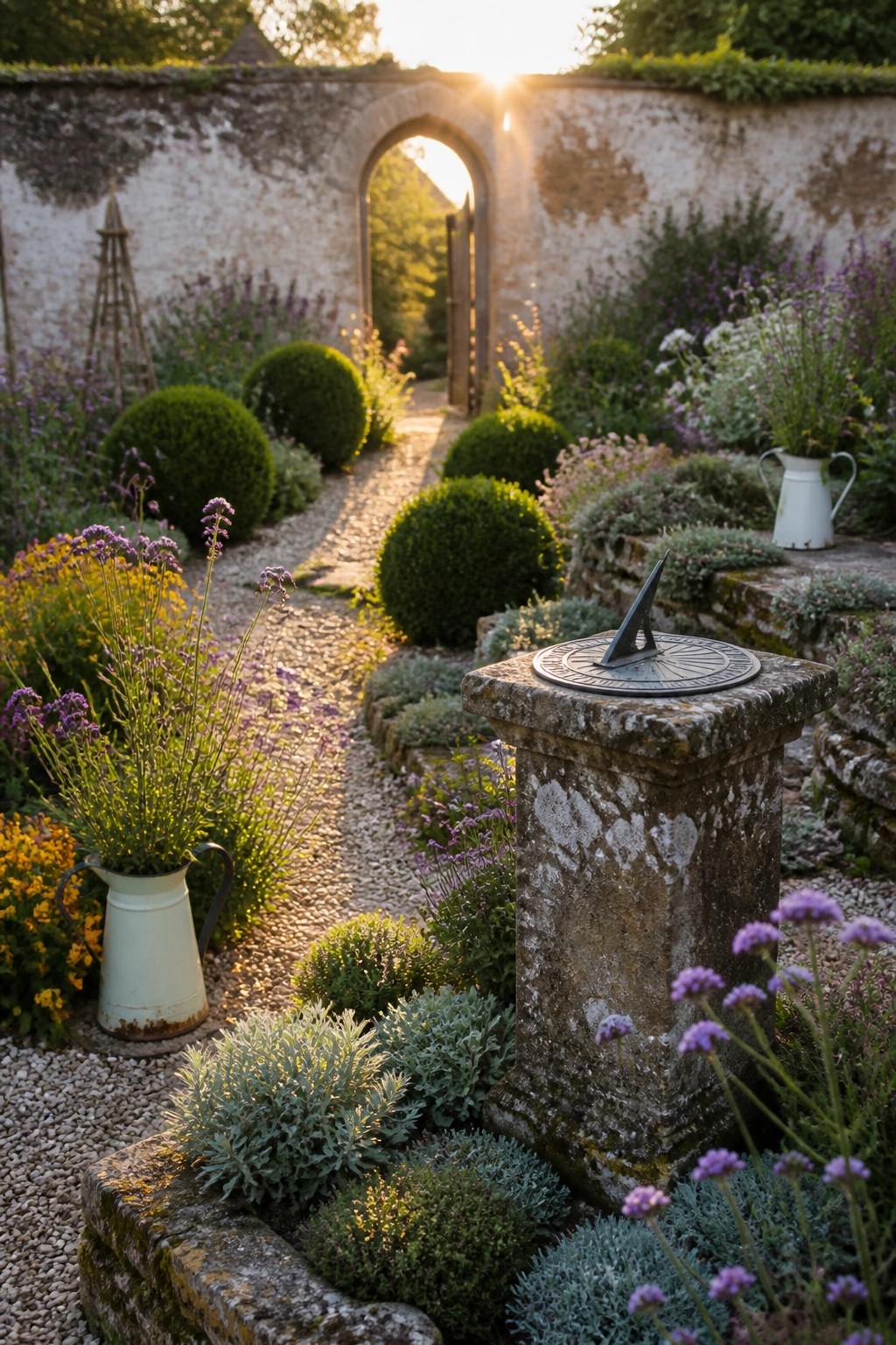 Stone sundial on pedestal amid blooming lavender, gravel path, and arched garden gate at sunset