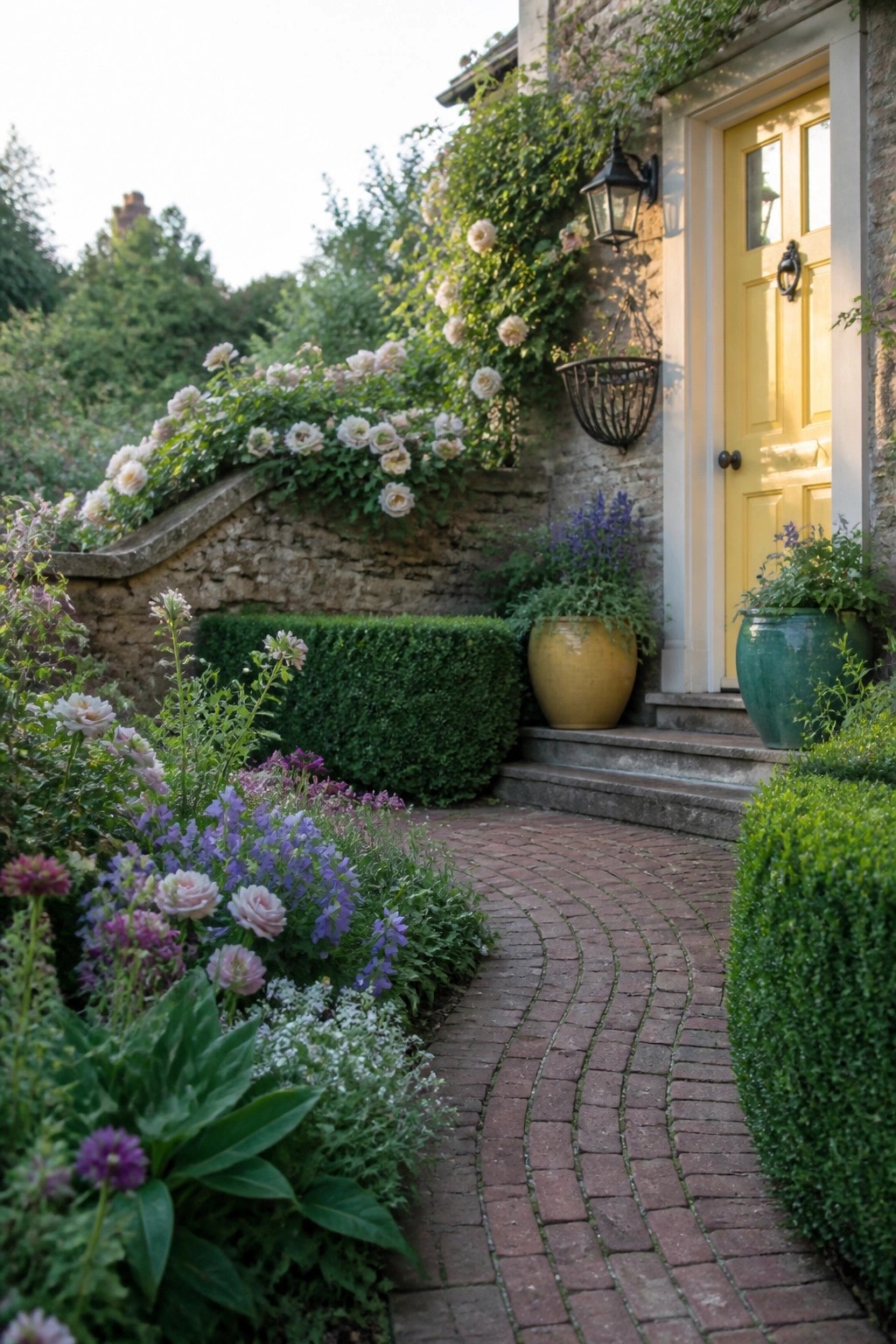 A curving brick path runs between dense flower beds and potted plants toward a yellow door on a stone cottage with climbing roses on the wall.