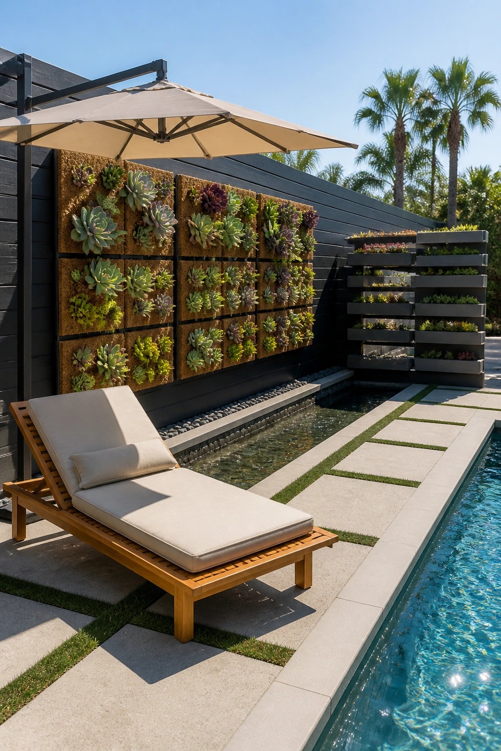 A modern patio with a lounge chair next to a pool, showing a large grid of succulent panels mounted on a dark wall and additional tiered planters to the side.