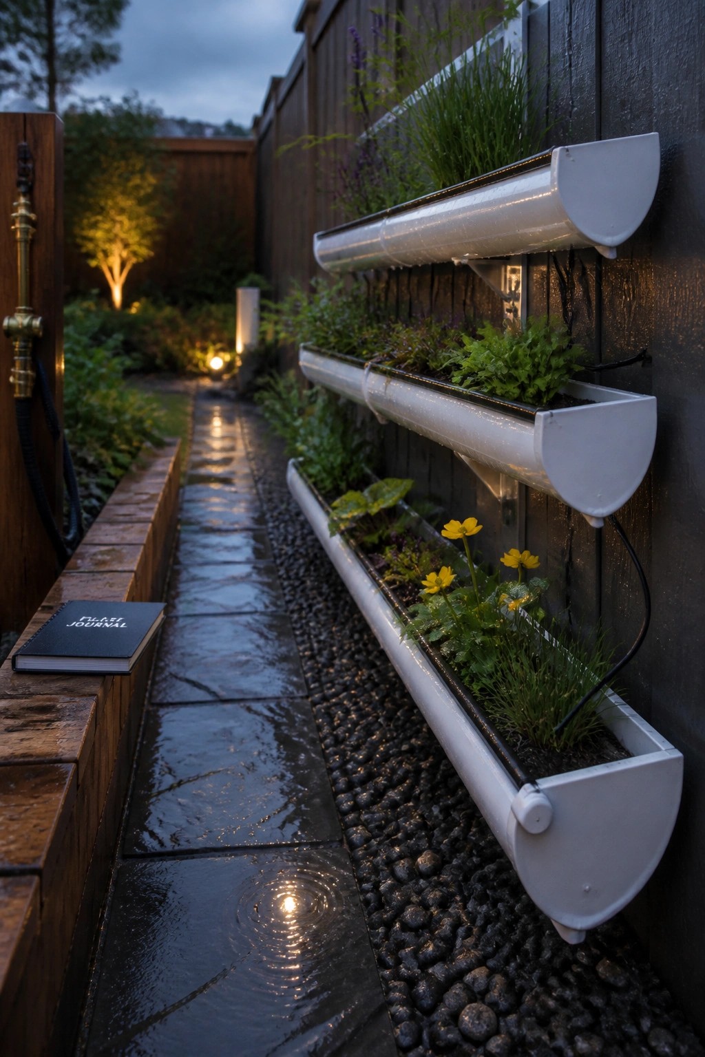 White gutters mounted on a dark wooden fence hold rows of green plants and yellow flowers next to a wet stone path.