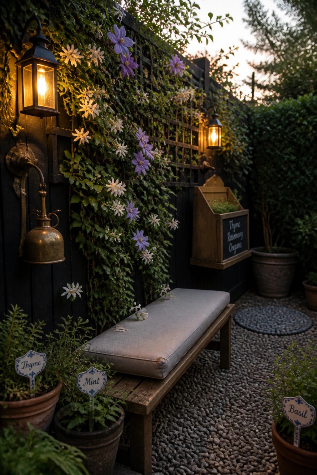A wooden bench sits against a dark fence covered in climbing vines with purple and white flowers, flanked by wall lanterns, a wall-mounted herb box, and labeled potted herbs on gravel.