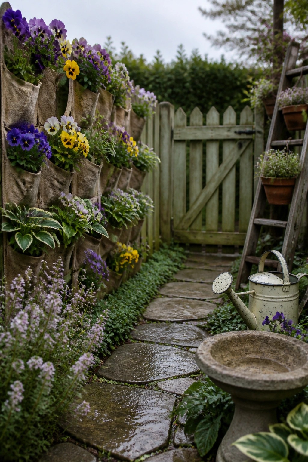 A narrow stone path runs beside a wooden fence lined with rows of burlap pockets holding purple, yellow, and white flowers, with a watering can and birdbath nearby.