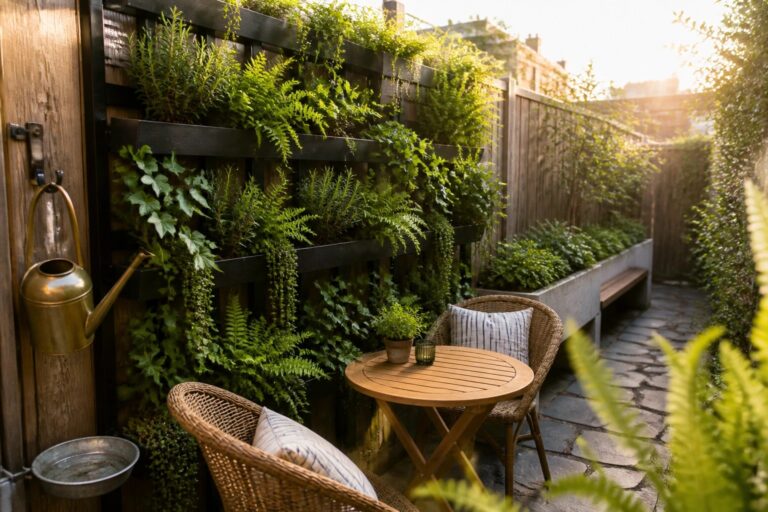 24 Space-Saving Vertical Patio Garden Ideas to Maximize Walls and Fence Lines A narrow paved patio with a dark wall covered in multiple rows of black metal planters filled with green plants, next to wicker seating and a round wooden table.