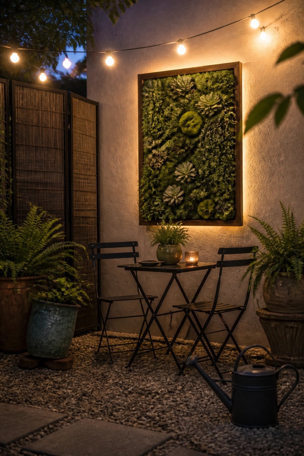 A small patio at dusk featuring a large framed vertical garden of succulents and moss mounted on a stucco wall above a black metal bistro table and chairs, with potted ferns on either side and string lights overhead.