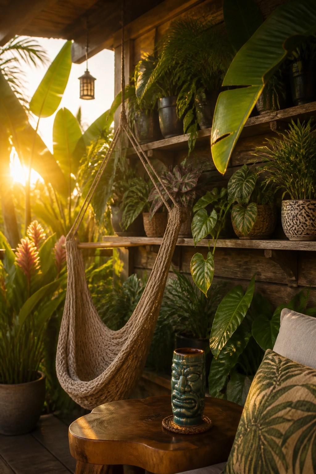 A wooden patio wall lined with multiple shelves holding various potted plants, a hanging rope chair, and a small round table with a ceramic mug in the foreground.