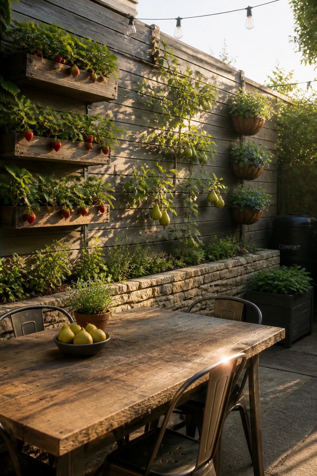 Rustic wooden table with pears beside vertical garden wall of strawberries and pears