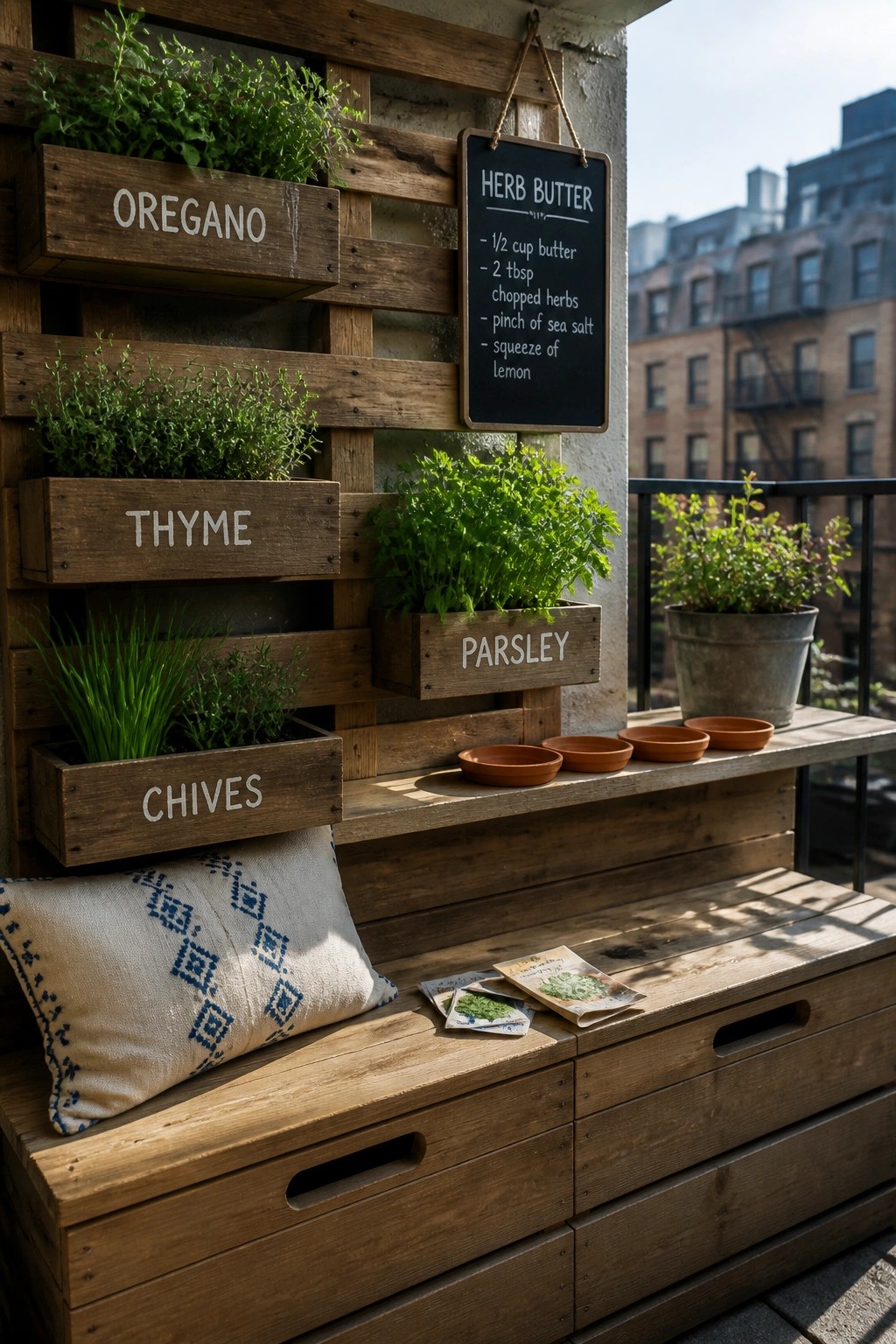 A wooden pallet structure on a balcony holds labeled crates with oregano, thyme, chives, and parsley, along with a chalkboard sign and a bench with a pillow.