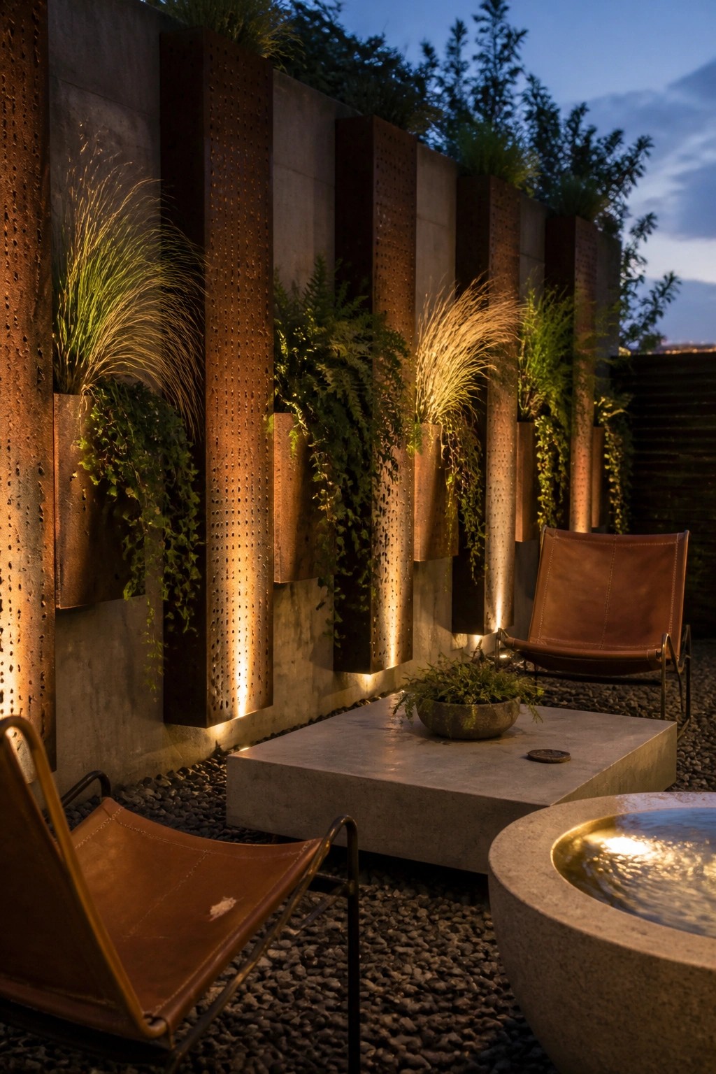 An outdoor patio shows a concrete wall fitted with vertical rusted metal panels containing green plants, along with leather chairs and a round stone water basin on gravel.
