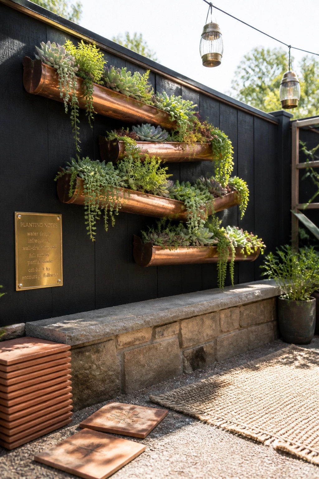 Copper pipe planters with succulents on black wall beside brass planting notes plaque.