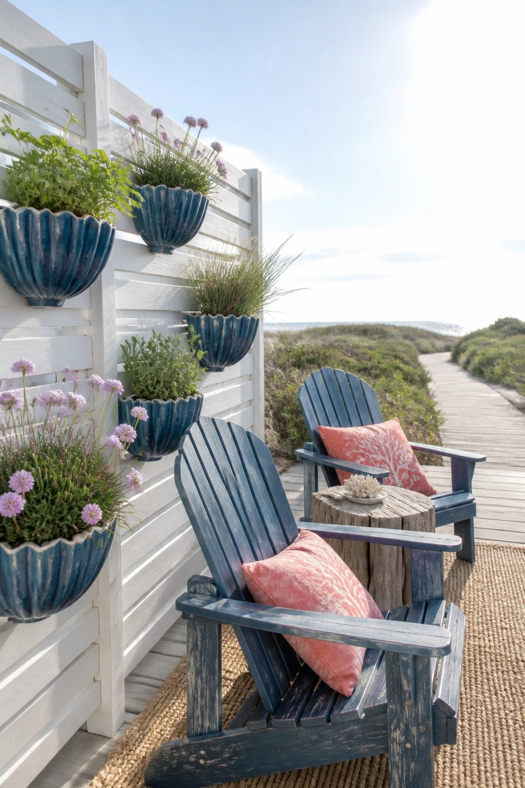 Blue ceramic planters with flowers and greenery mounted on a white fence next to blue wooden chairs on a deck.
