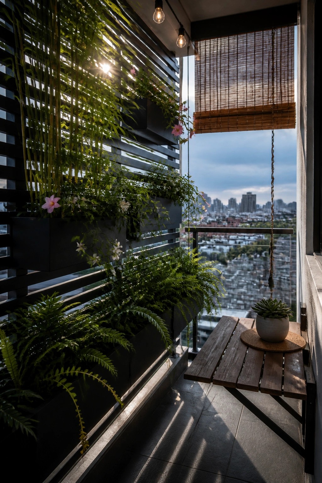 A narrow balcony with black wall-mounted planters holding ferns and flowers, a small wooden table with a potted succulent, and a city view in the background.