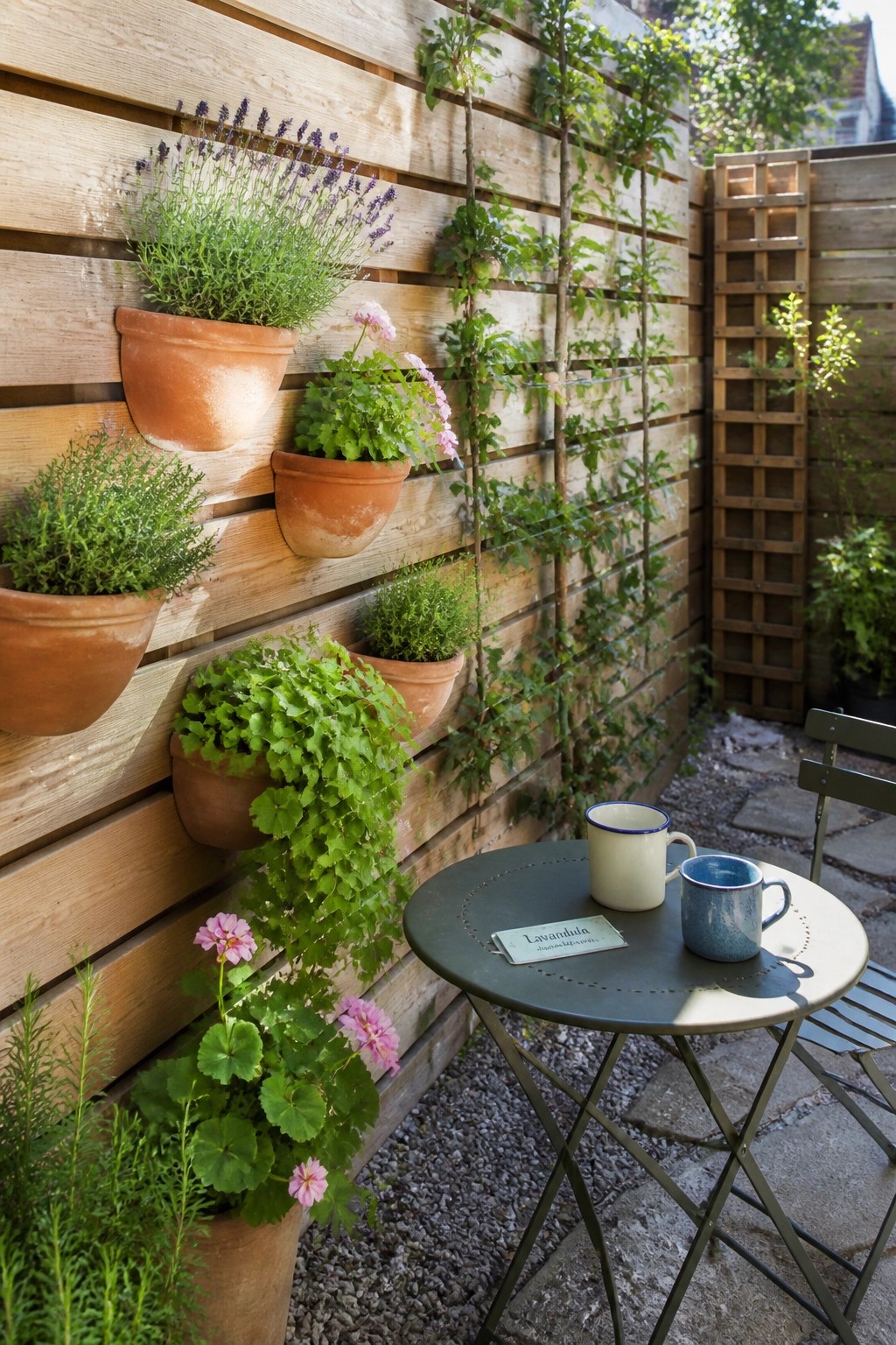 A wooden fence with terracotta pots mounted on it holding various plants next to a small patio table.