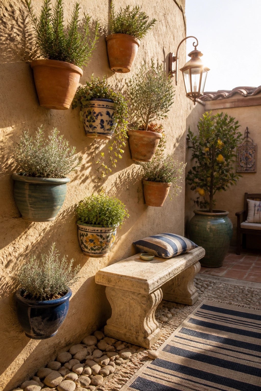 A patio wall lined with various mounted pots holding green plants, next to a stone bench with a striped cushion and a rug on the ground.