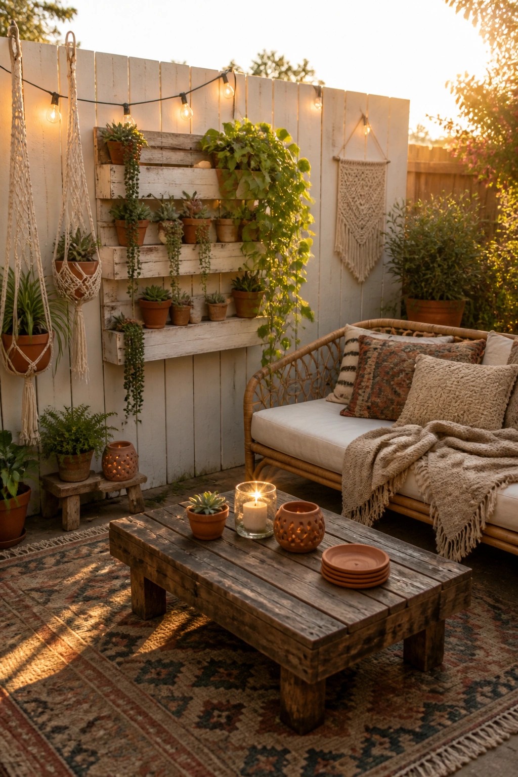 Bohemian patio with rattan sofa, wooden table, macrame plants, and string lights at sunset