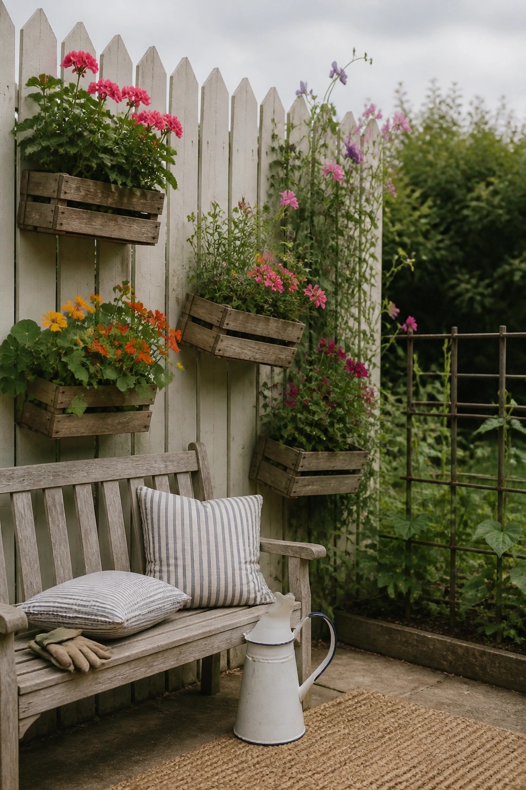 Wooden crates filled with flowers are mounted on a white picket fence behind a wooden bench with striped pillows.