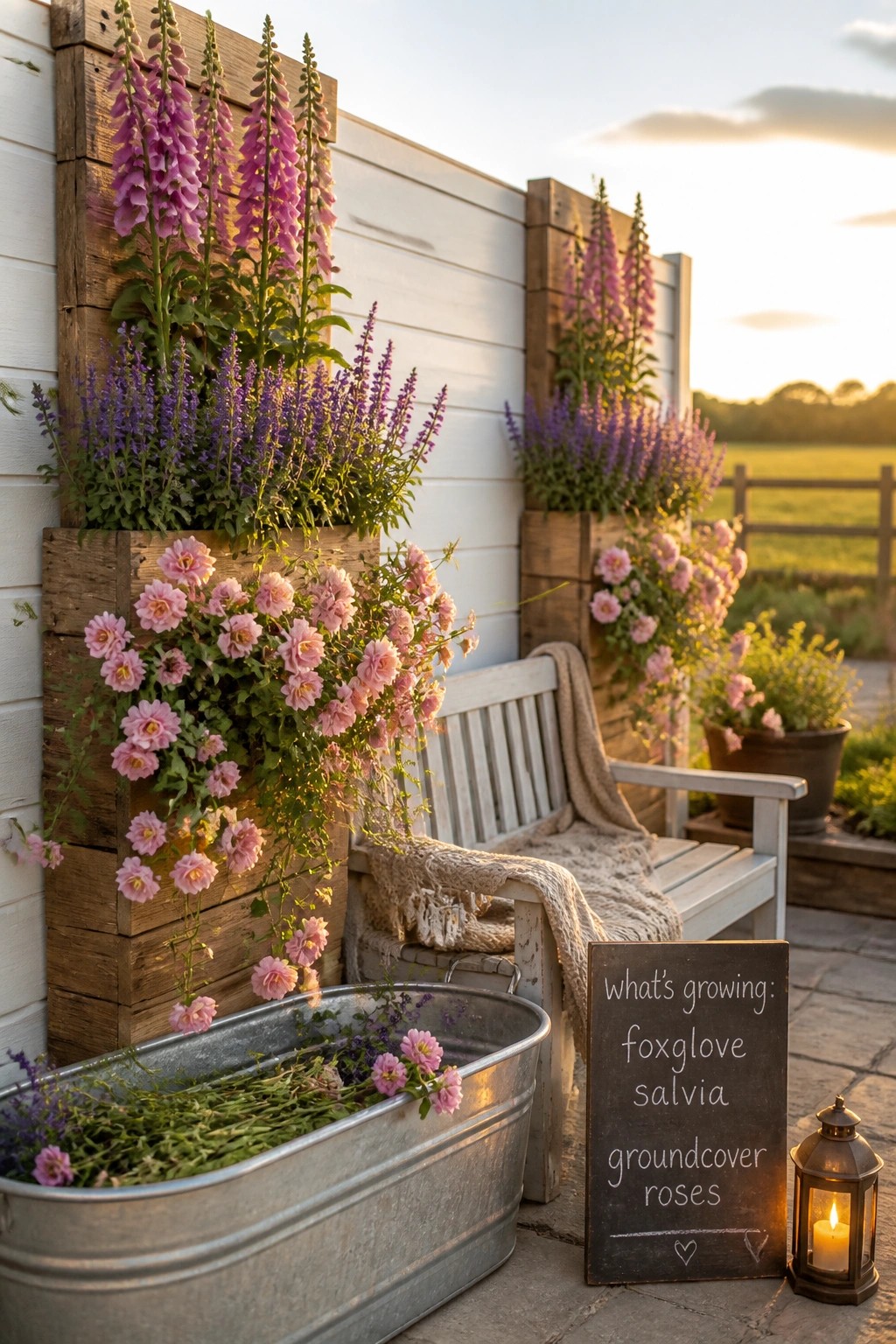 A patio scene with wooden wall-mounted planters holding pink roses, purple salvia, and tall pink foxgloves beside a white bench and chalkboard sign.