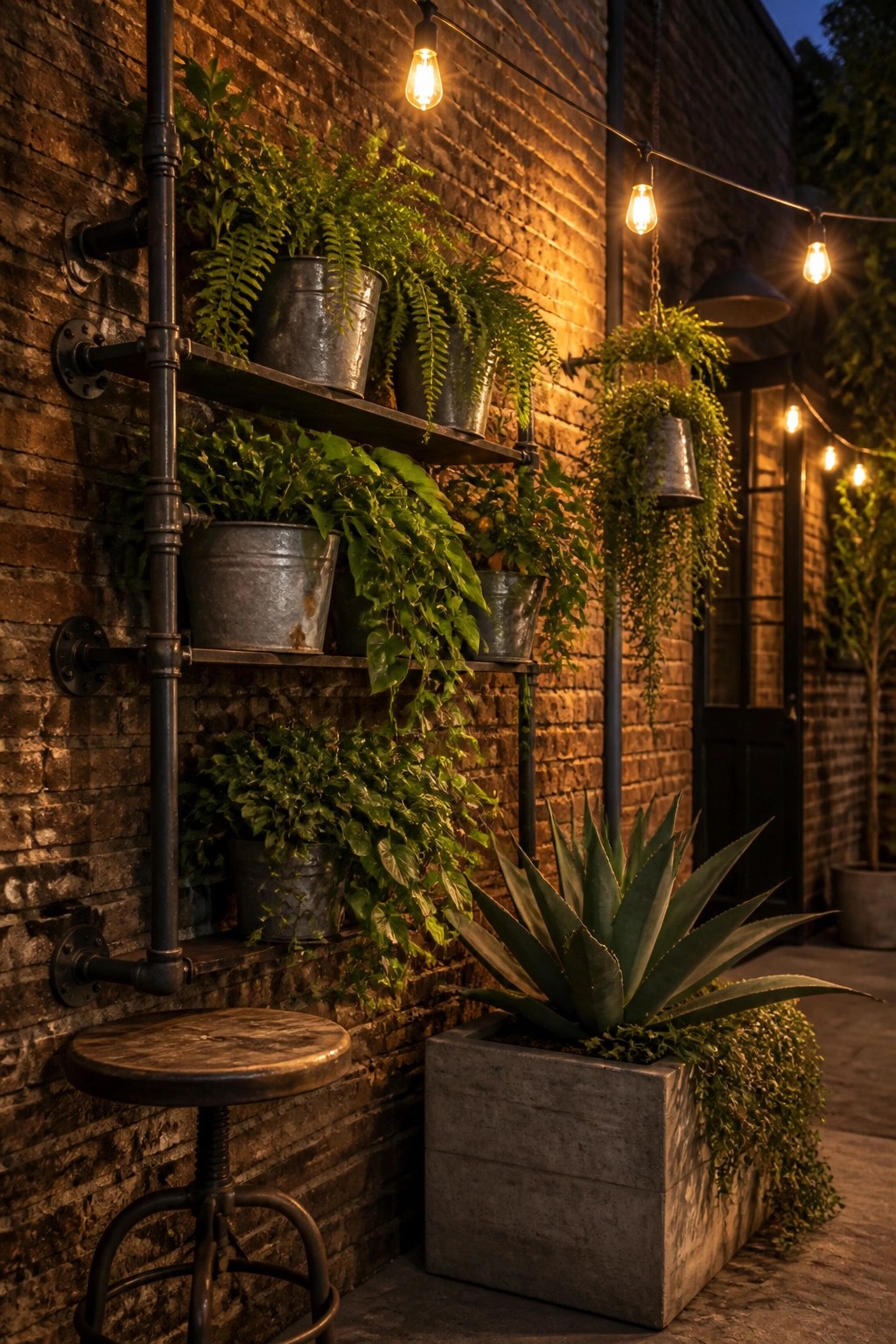 A brick wall fitted with black pipe brackets holding metal shelves of potted ferns and leafy plants, with a concrete planter holding an agave at the base and string lights overhead.