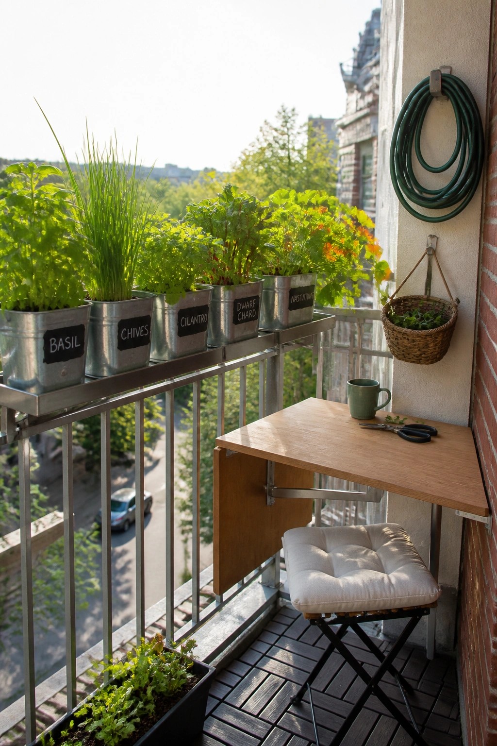 A balcony scene with multiple labeled herb pots sitting on a metal shelf attached to the railing, next to a folding table and cushioned stool.