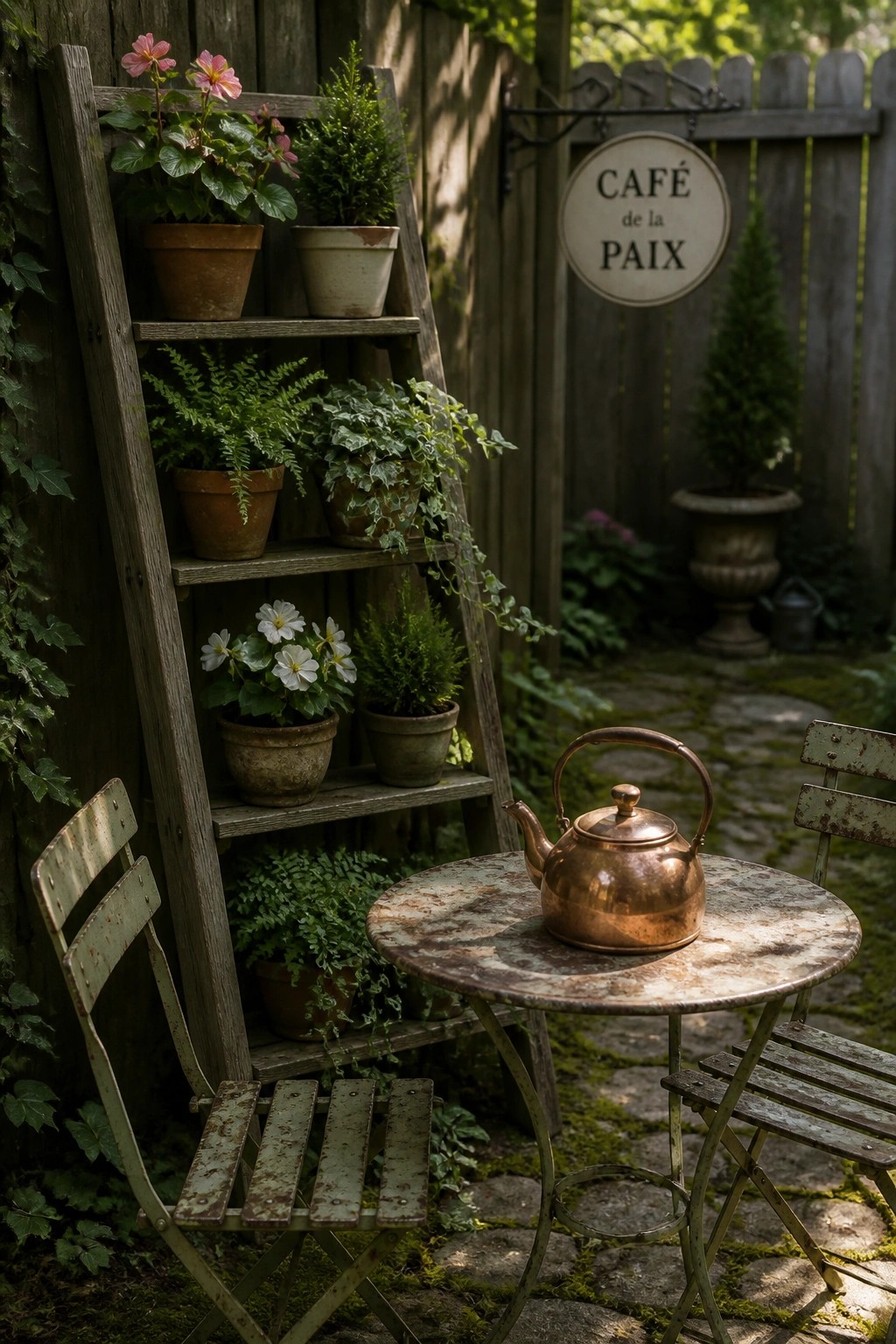Vintage garden with plant-filled ladder, rusty table, copper kettle, and café sign