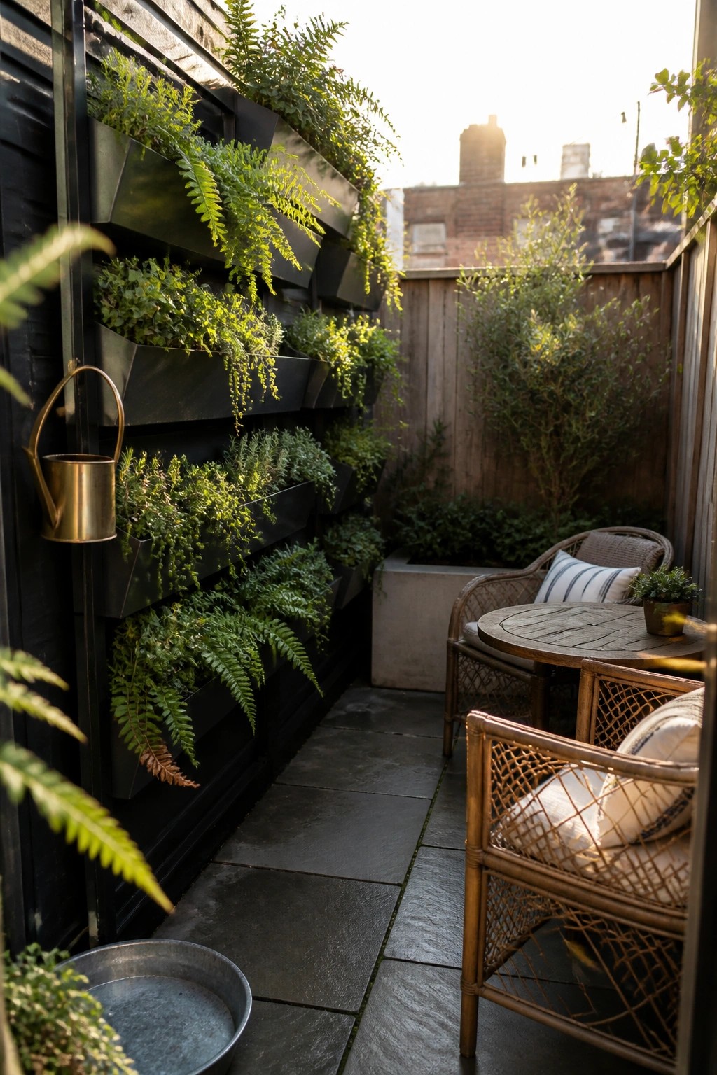 A narrow paved patio with a dark wall covered in multiple rows of black metal planters filled with green plants, next to wicker seating and a round wooden table.