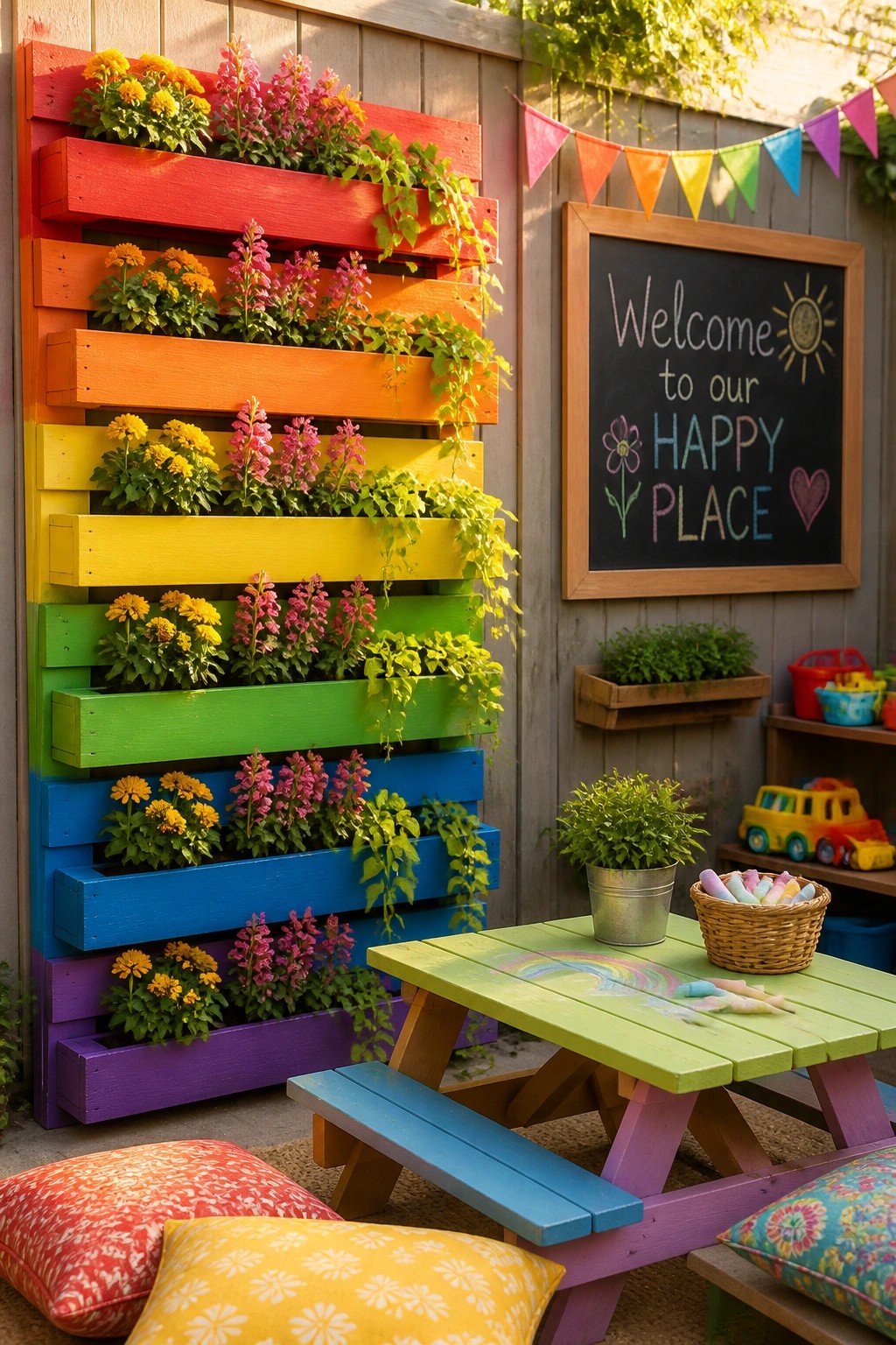 A vertical garden made from stacked wooden pallets painted in rainbow colors and mounted on a fence, filled with flowers and trailing plants.