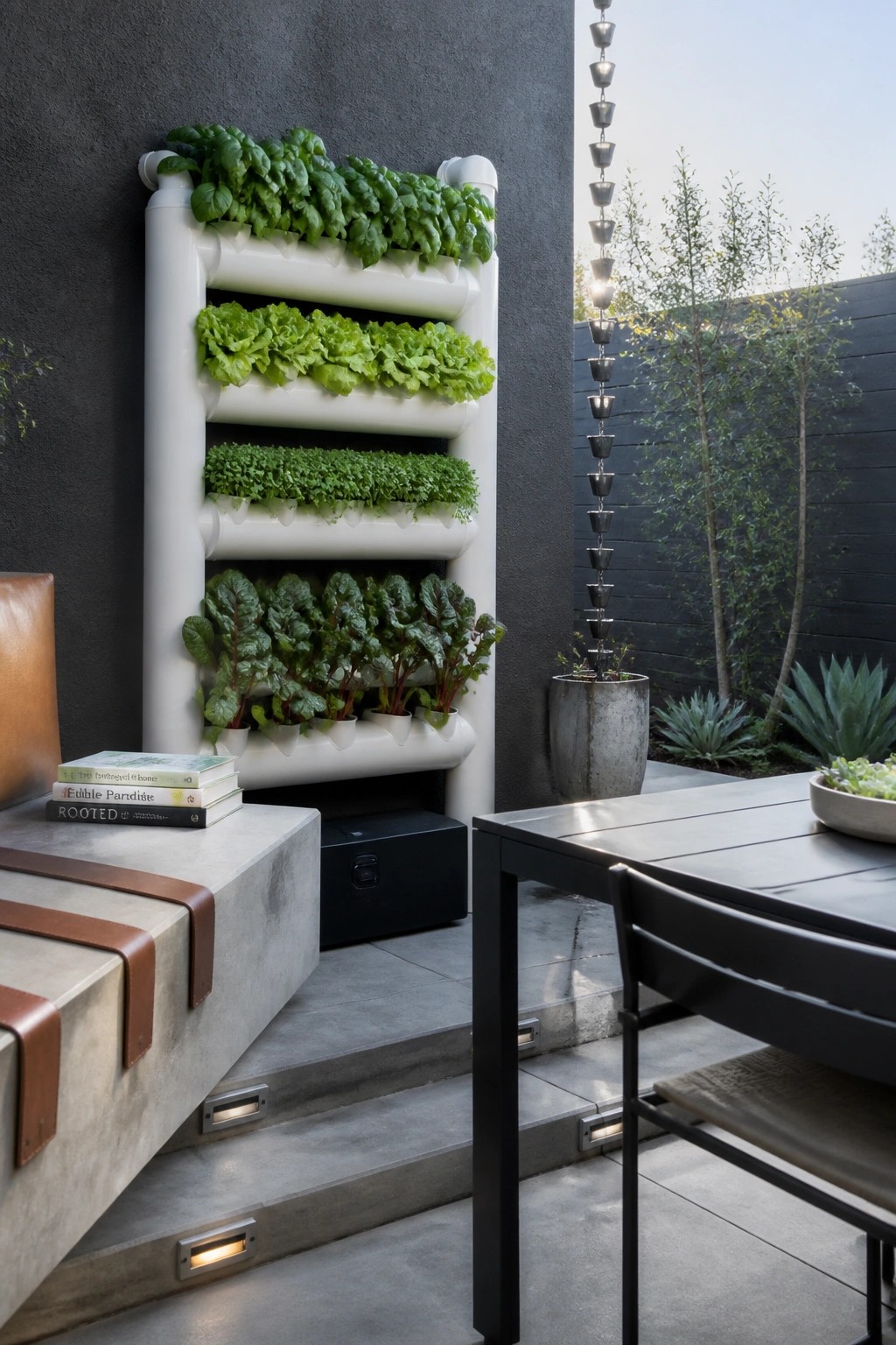 A vertical garden system made of stacked white pipes growing herbs and leafy greens on a dark patio wall beside a concrete bench and dining table.