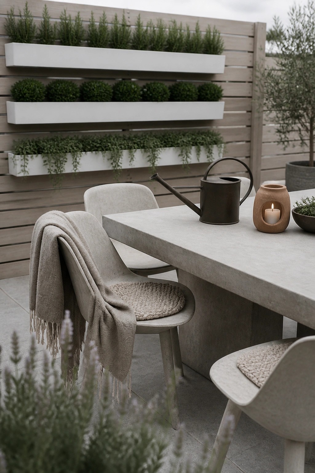Concrete outdoor table with gray chairs, beige throw, watering can, and lit candle amid plants