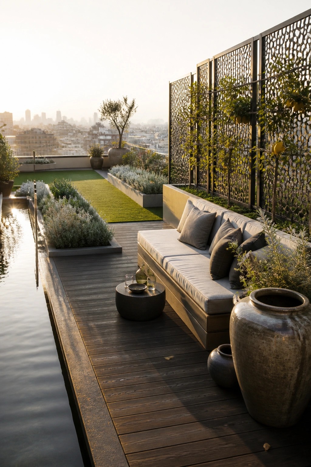A rooftop terrace features a long built-in sofa with cushions, wooden decking, a narrow water feature, and decorative metal screens covered in green plants and small trees.
