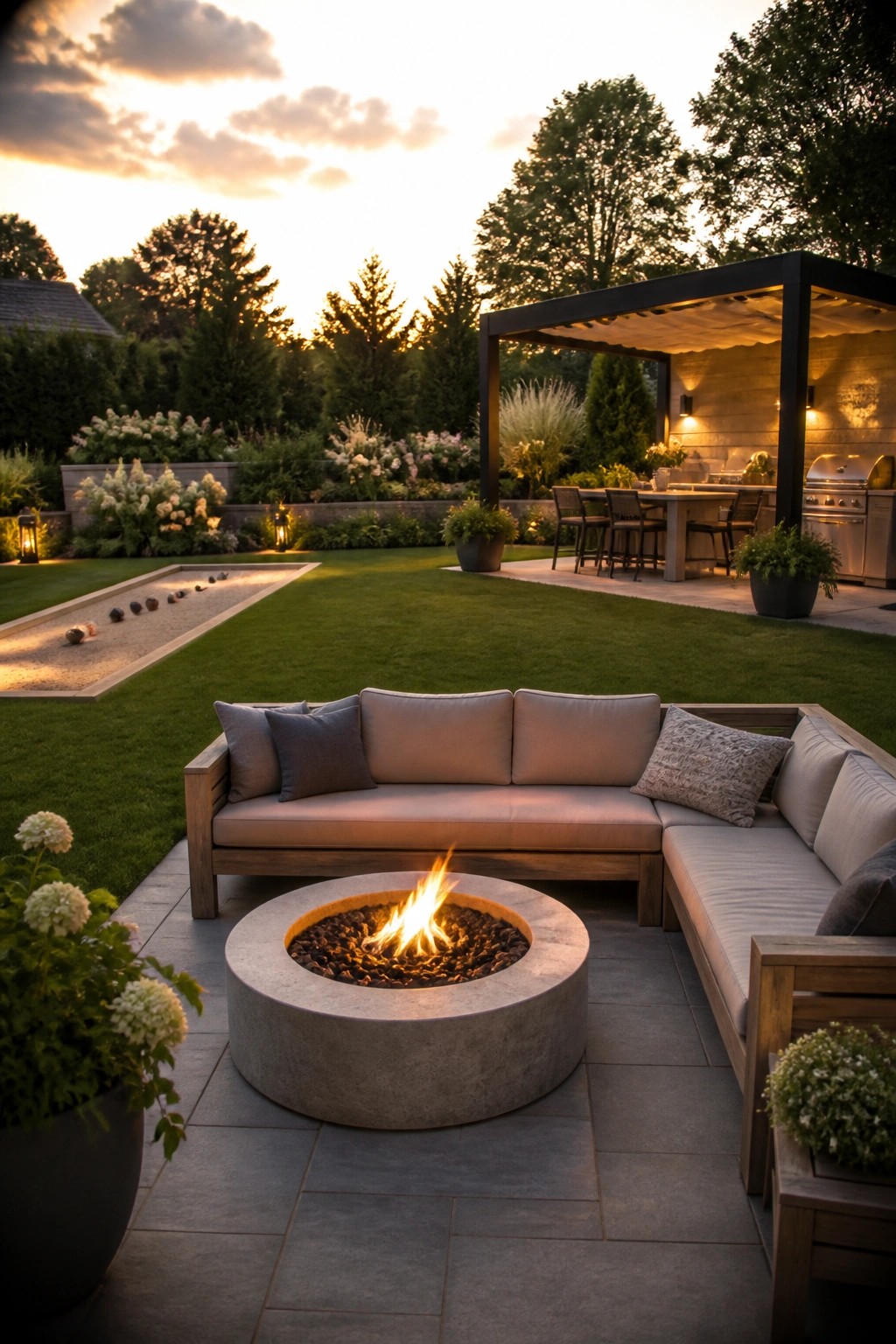 A backyard patio with a round concrete fire pit surrounded by an L-shaped sectional sofa, with a pergola and outdoor kitchen visible in the background.