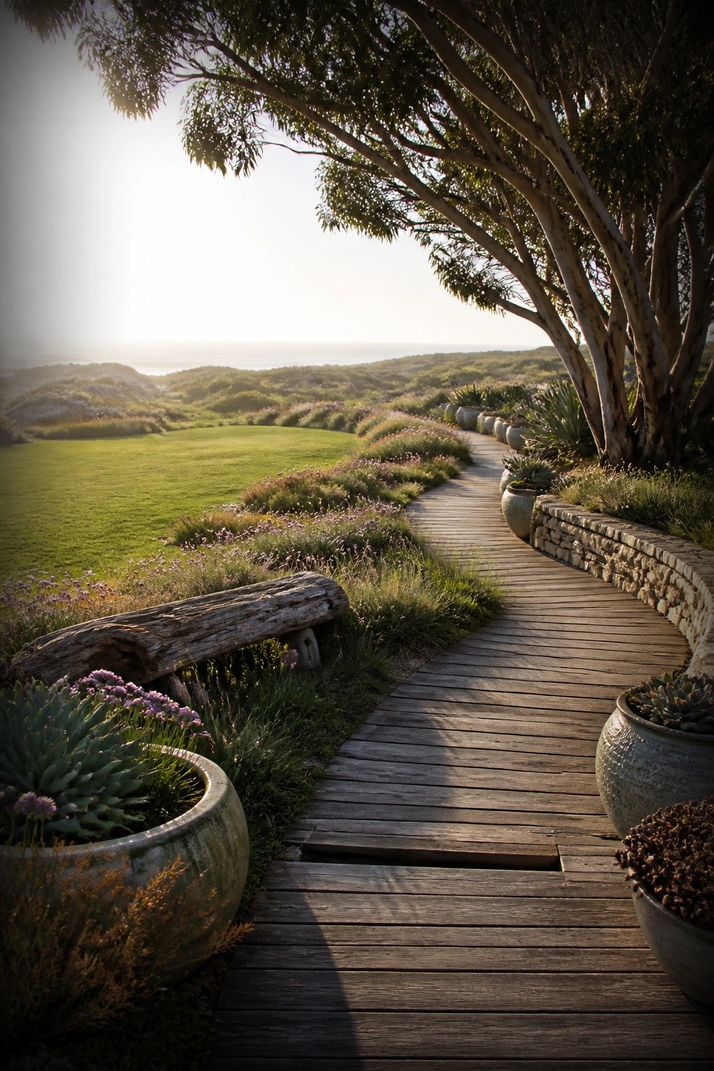 A wooden path curves through a coastal garden beside large ceramic pots, a log bench, and open lawn with ocean views in the distance.