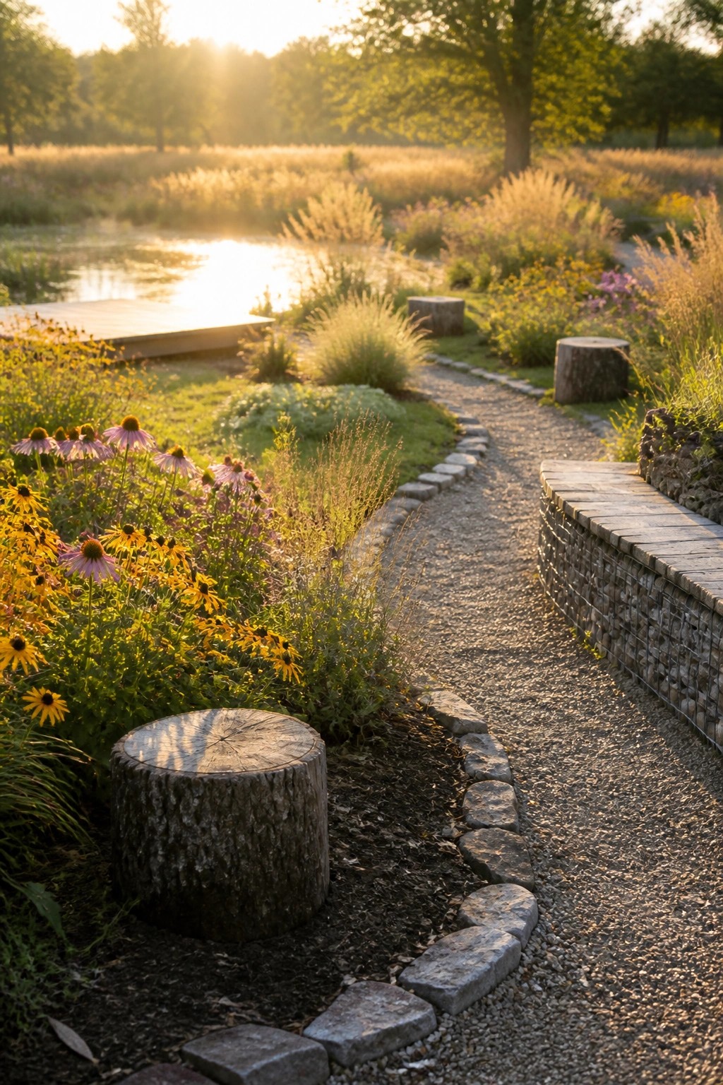 Curved gravel path through wildflower garden beside sunlit pond at golden hour