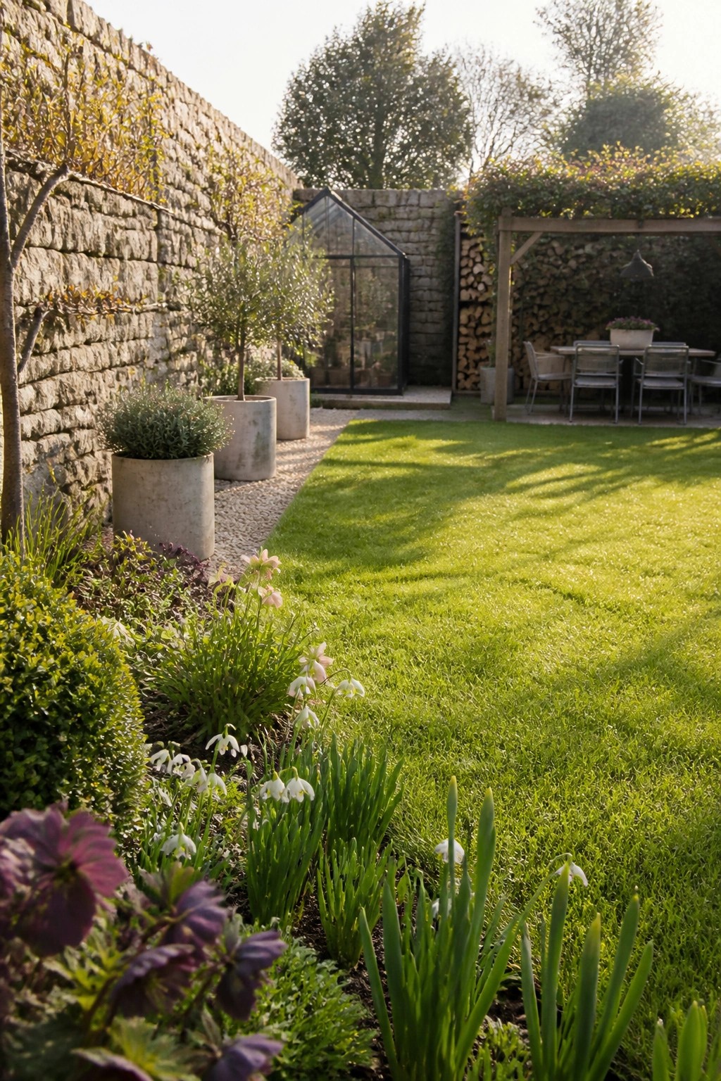 A large garden showing a wide central lawn bordered by planted beds with flowers and shrubs, along with concrete pots set against a stone wall and a greenhouse visible in the distance.