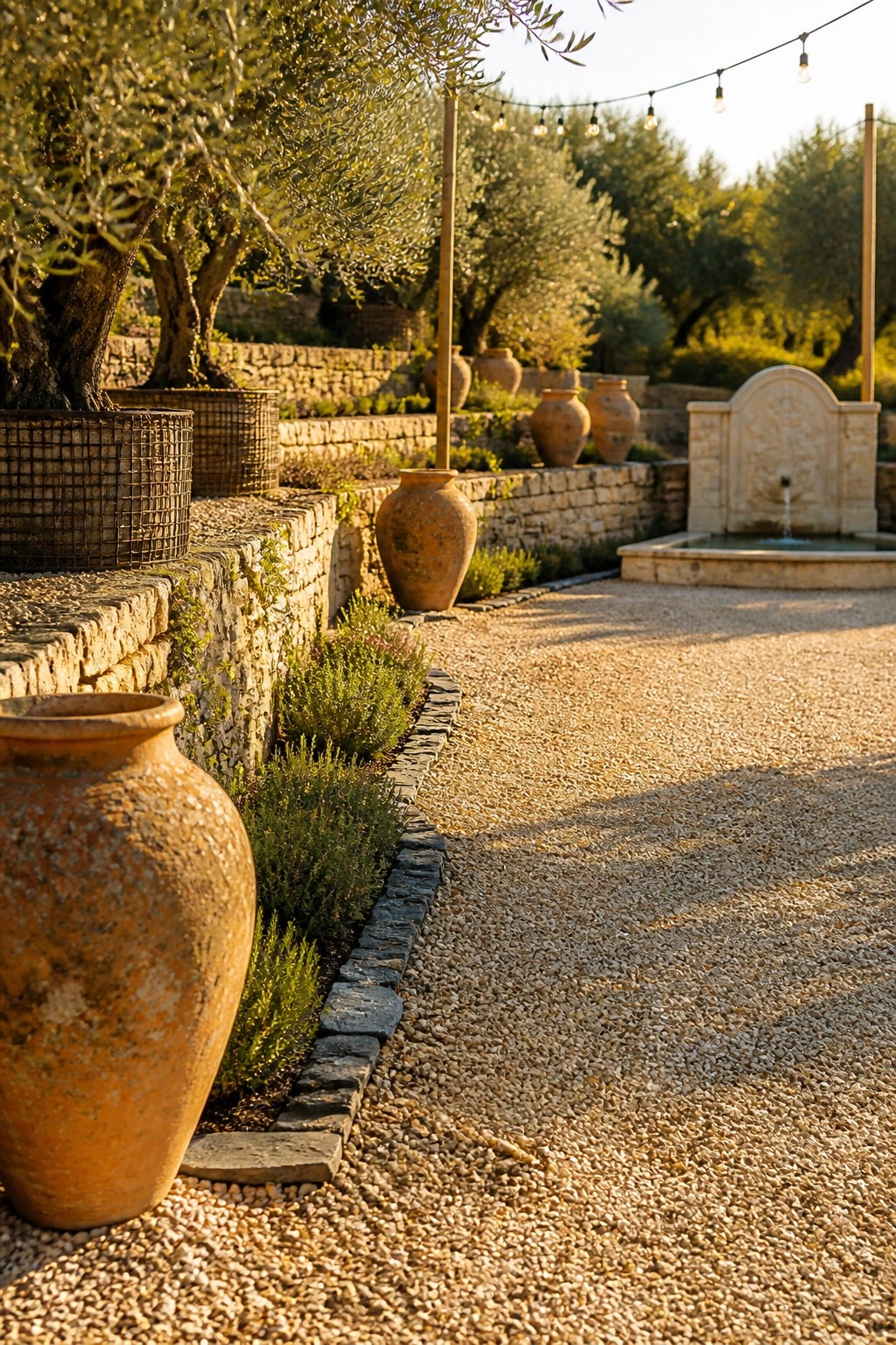 A wide gravel path runs alongside low stone edging with terracotta pots and planted beds on one side, leading toward a stone fountain in a garden setting.