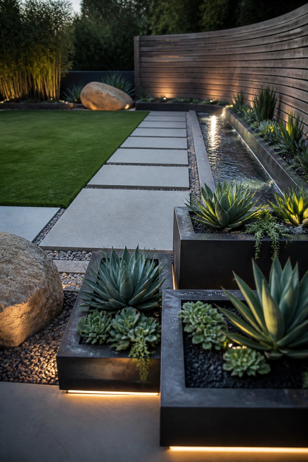 A stone pathway runs parallel to a narrow water channel bordered by raised black planters with agave and succulents, next to a green lawn and wooden fence.