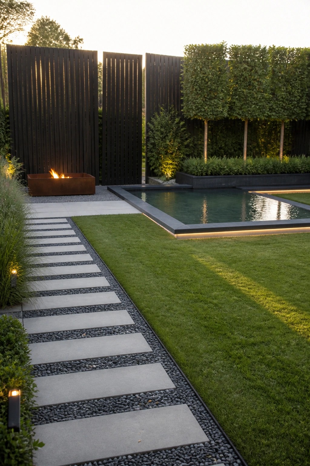 A modern garden with a rectangular pool edged in dark stone, a rusted fire pit, a gravel path with large stepping stones running through green lawn, and tall dark wood screens behind structured hedges.