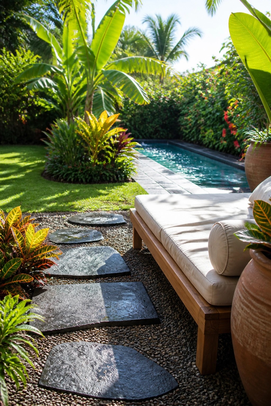 A garden path of irregular dark stepping stones set into gravel, bordered by colorful tropical plants and a wooden lounge chair near a pool.