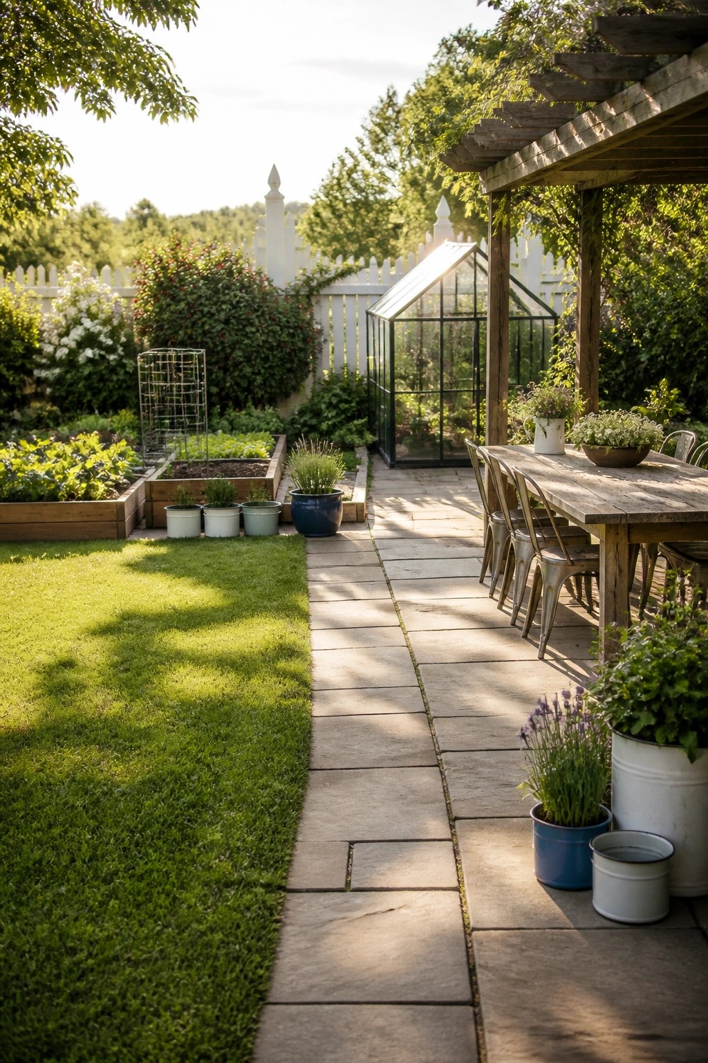 A stone pathway runs between a green lawn on the left and raised garden beds with potted plants on the right, leading toward a wooden pergola and greenhouse in the distance.