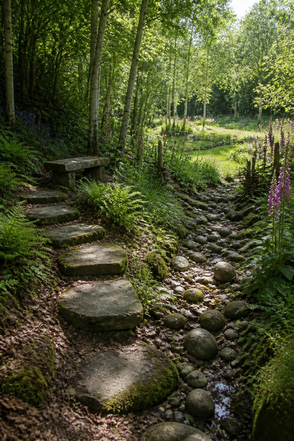 Stone steps descend through lush forest beside mossy rocky path and purple flowers.