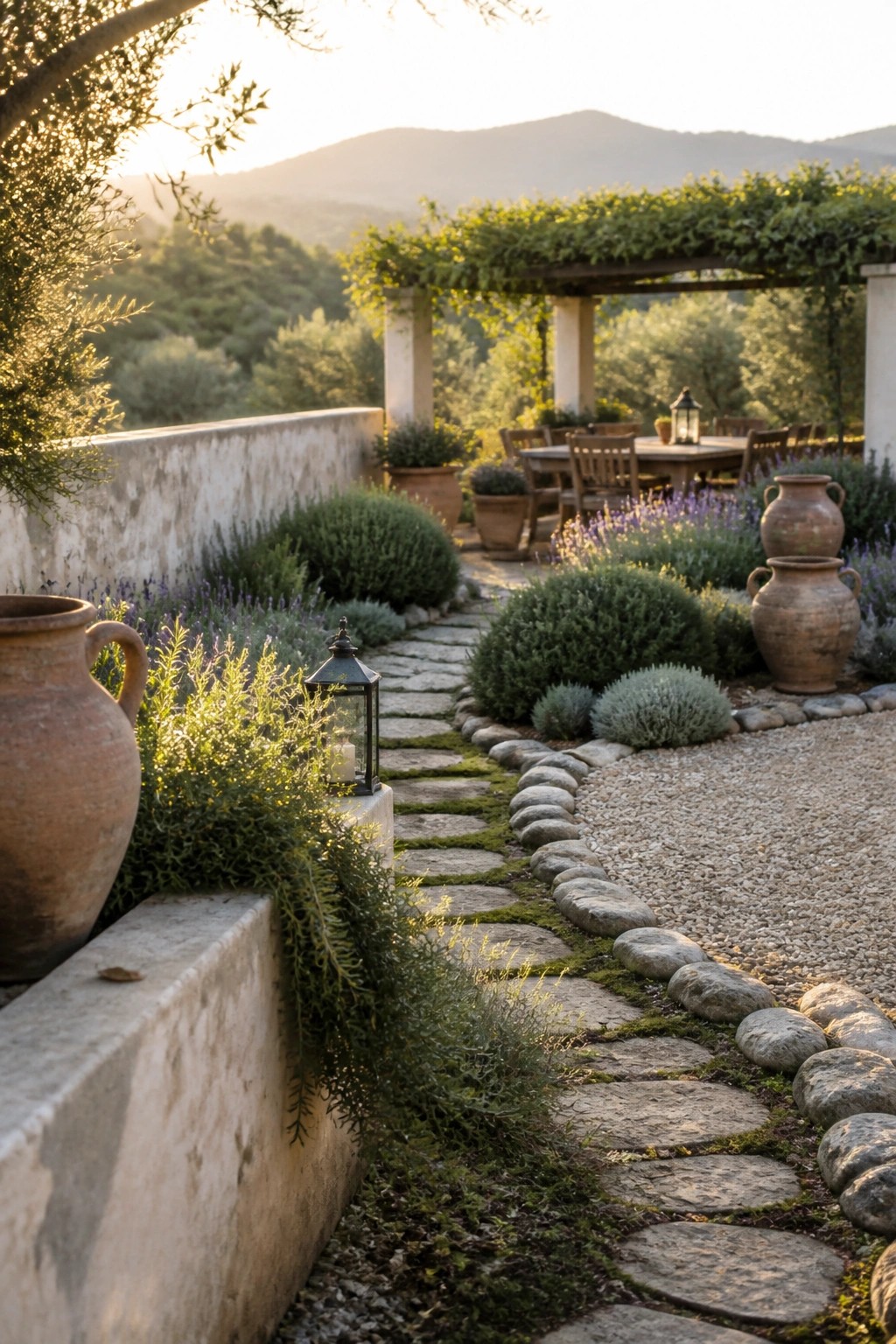 Rustic stone pathway lined with lavender pots leading to vine-covered pergola at sunset