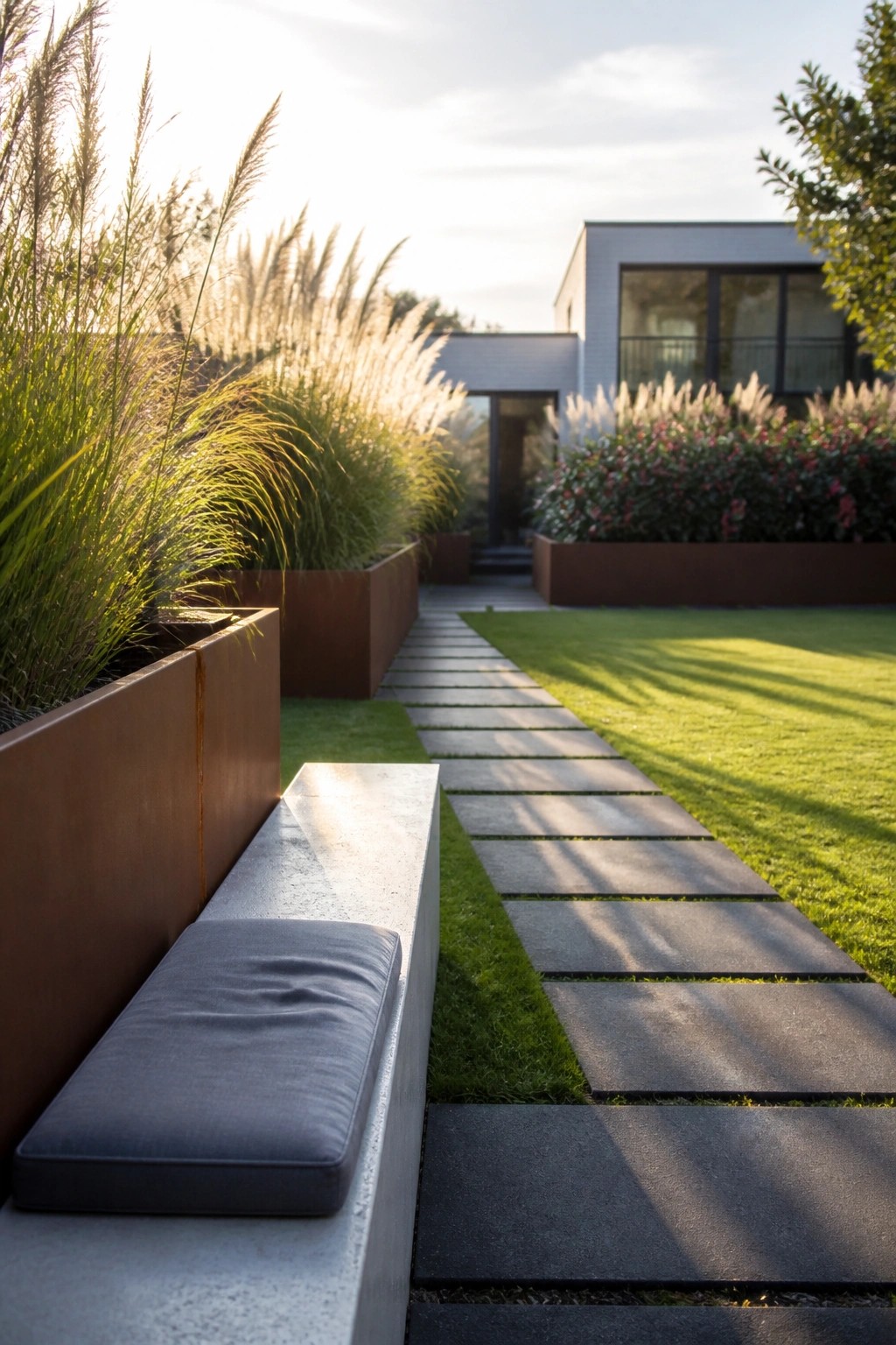 A straight stone path runs beside a lawn with tall grasses and flowering plants in long metal planters on the left and a modern house in the background.