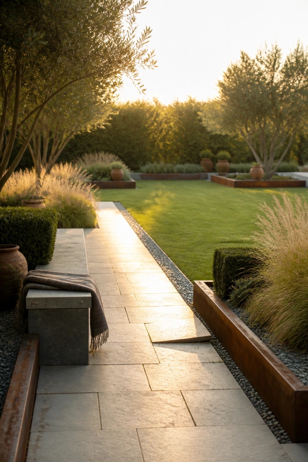 A long stone path with gravel edges runs beside a wide lawn, bordered by planted beds with grasses, shrubs, and trees.