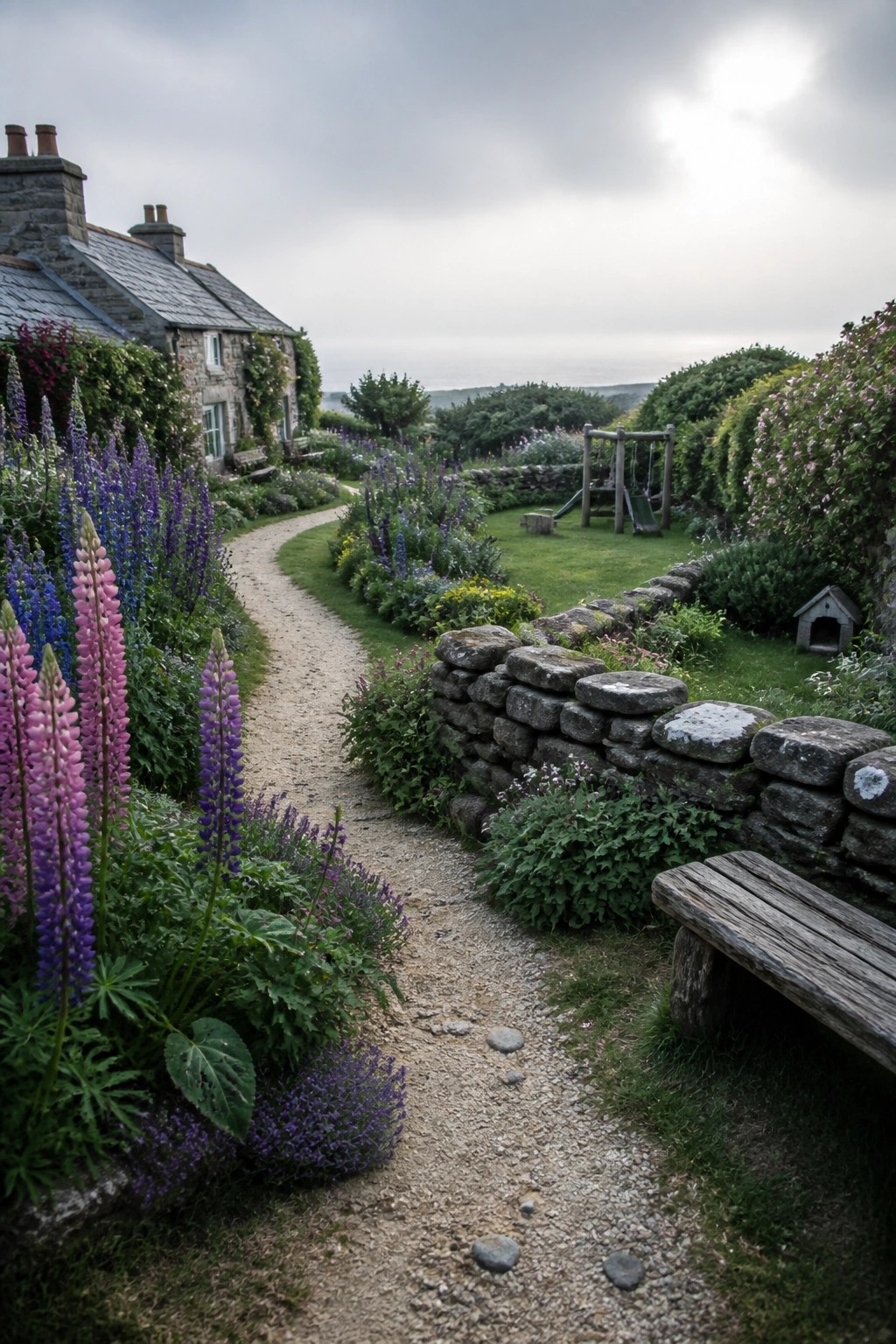 A gravel path curves past tall purple and pink lupines and a low stone wall, leading toward a lawn with a wooden swing set in the distance.
